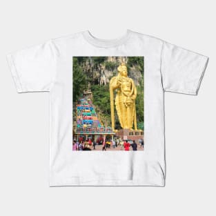 Prayer wheels with Lord Murugan and stairs at Batu Caves Kids T-Shirt